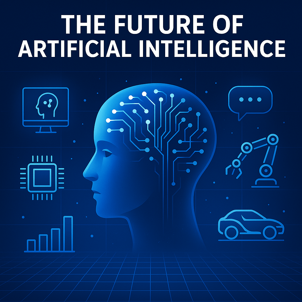 A digital illustration showing a human head with a circuit-like brain, surrounded by glowing icons representing AI technologies like a robotic arm, a computer, a chip, a self-driving car, a bar graph, and a chat bubble.