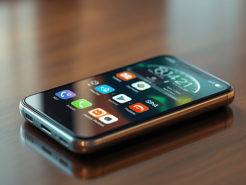 Modern smartphone with a sleek design, displaying app icons and a digital clock on its screen, placed on a wooden surface.