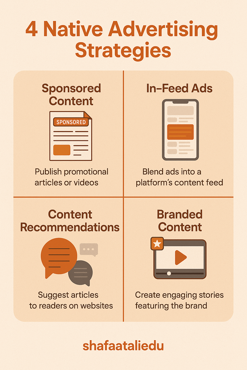 Infographic showing four native advertising strategies: Sponsored Content, In-Feed Ads, Content Recommendations, and Branded Content.