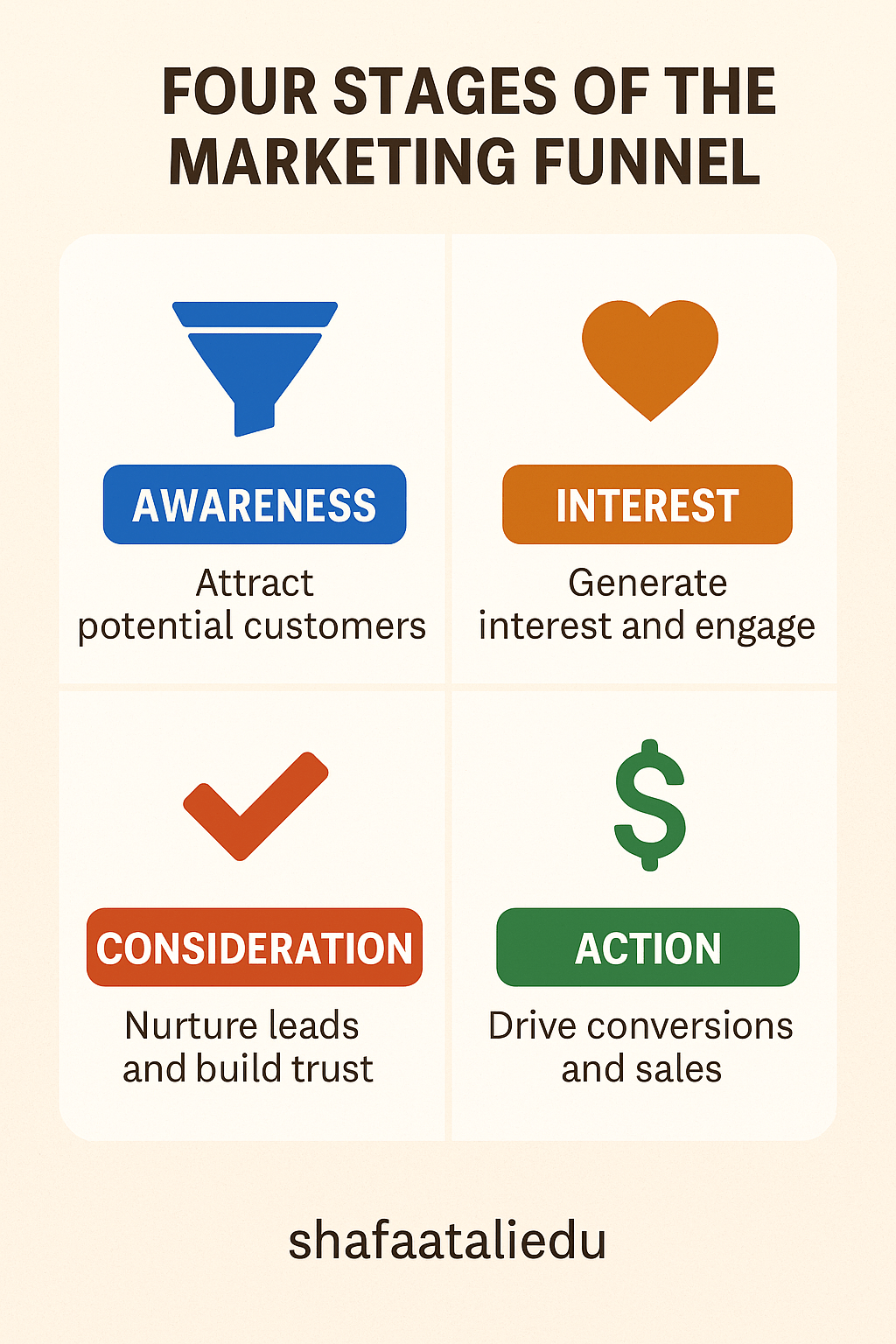 Infographic illustrating the four stages of the marketing funnel: Awareness, Interest, Consideration, and Action.