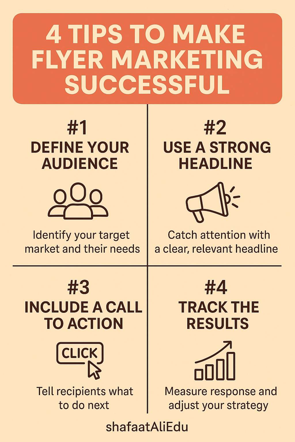 Infographic titled "4 Tips to Make Flyer Marketing Successful" with four quadrants showing marketing tips: 1) Define your audience, 2) Use a strong headline, 3) Include a call to action, and 4) Track the results.