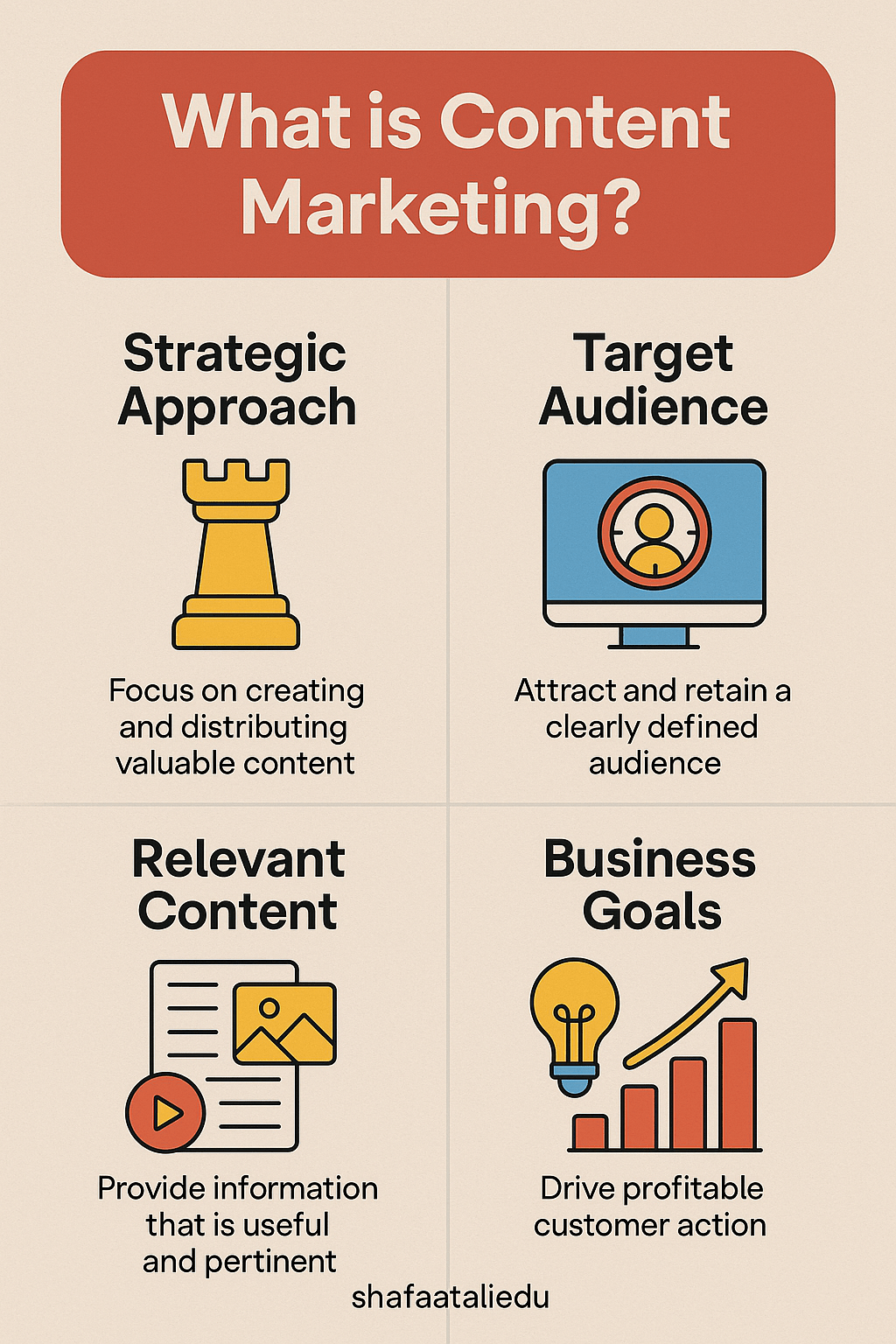 Infographic explaining content marketing, including its strategic approach, target audience, relevant content, and business goals.