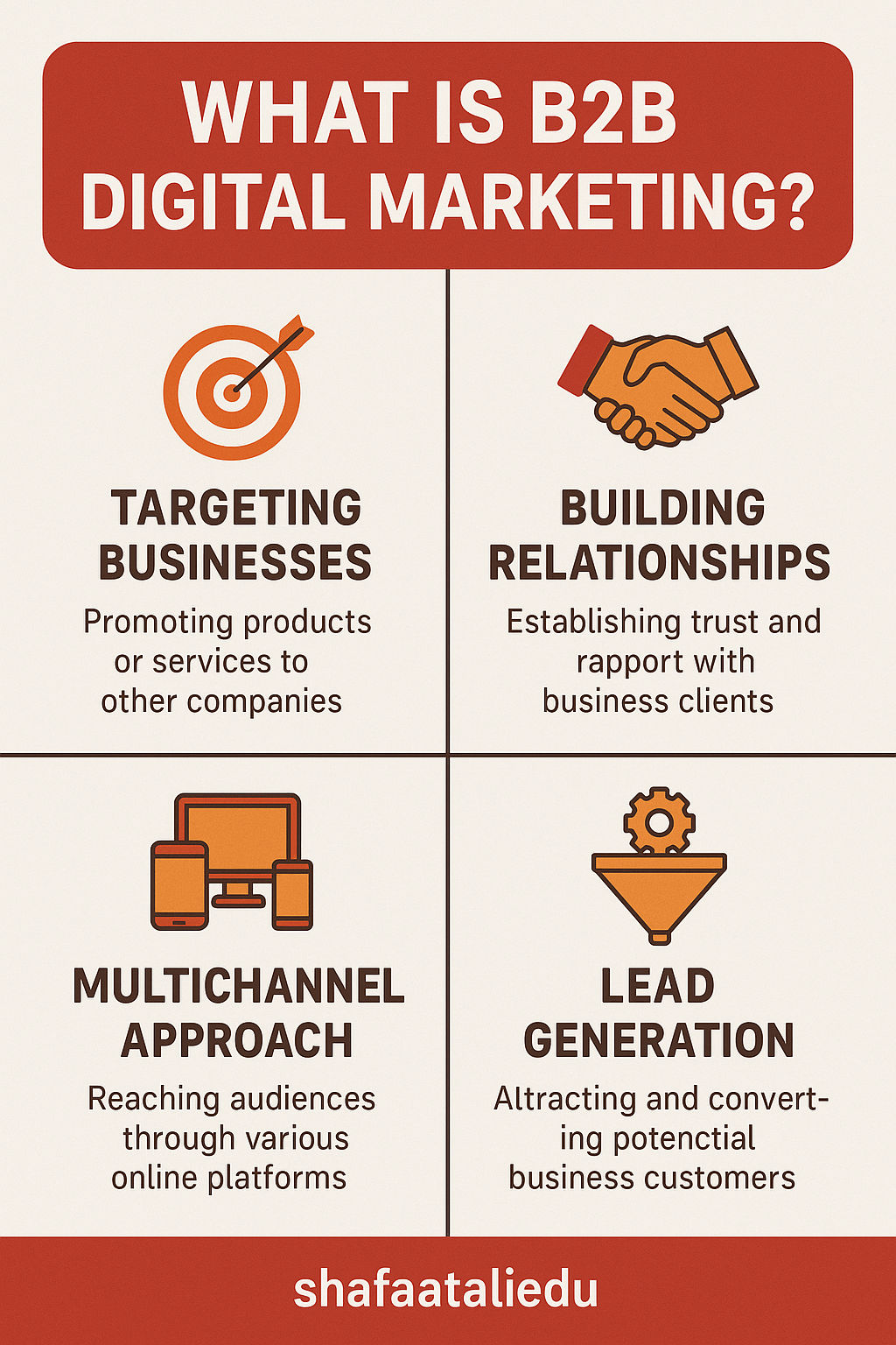 Infographic explaining B2B digital marketing with four key elements: targeting businesses, building relationships, multichannel approach, and lead generation.