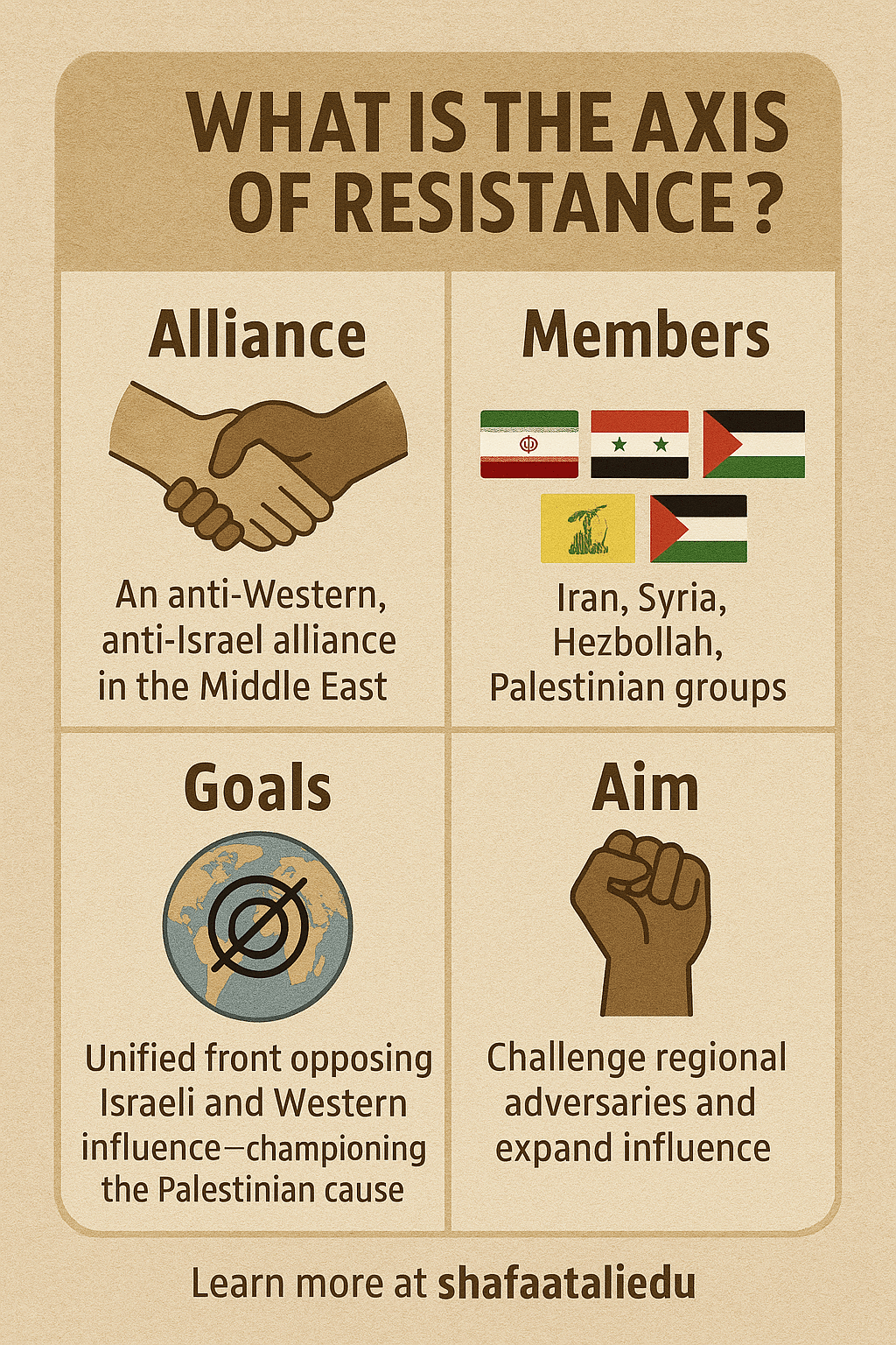 Infographic explaining the Axis of Resistance, detailing its alliance, members, goals, and aims in the Middle East.