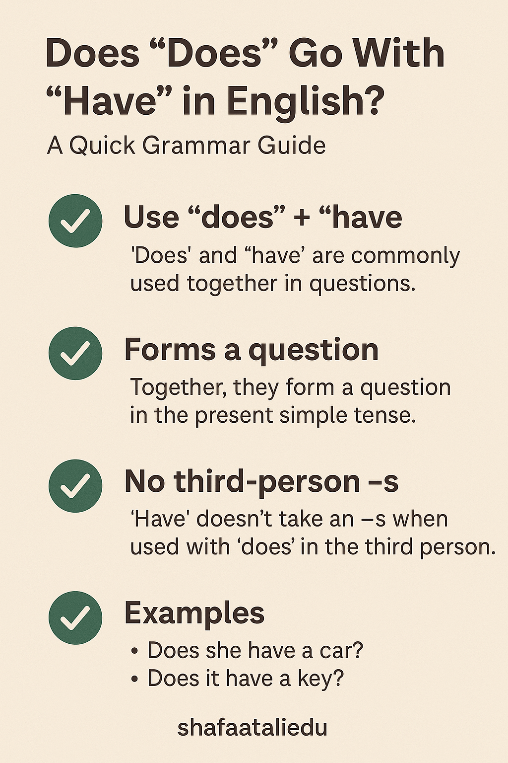 Grammar infographic explaining how “does” and “have” are used together in English questions with examples.