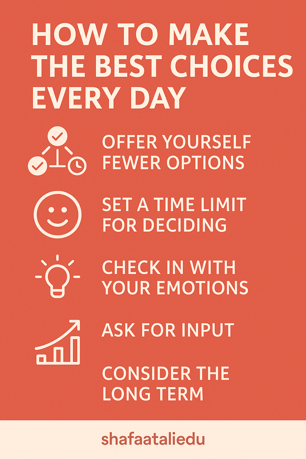 Infographic listing five daily decision-making tips, including reducing options, setting time limits, and considering long-term impact.