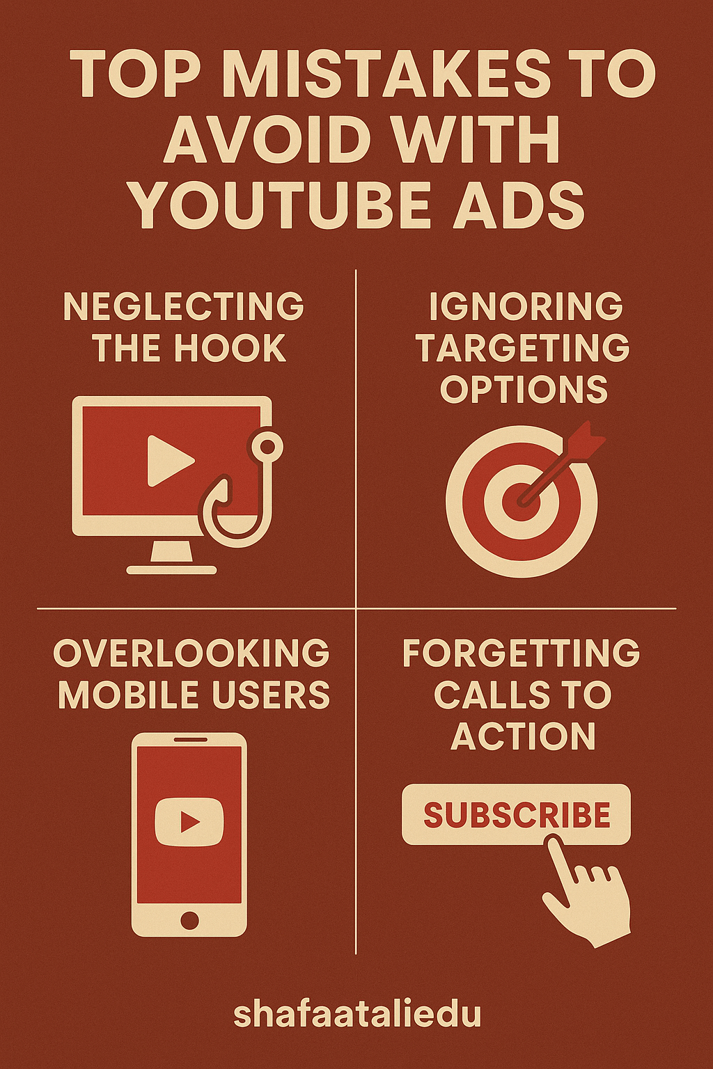 Infographic listing top YouTube ads mistakes including neglecting the hook, ignoring targeting options, overlooking mobile users, and forgetting calls to action.