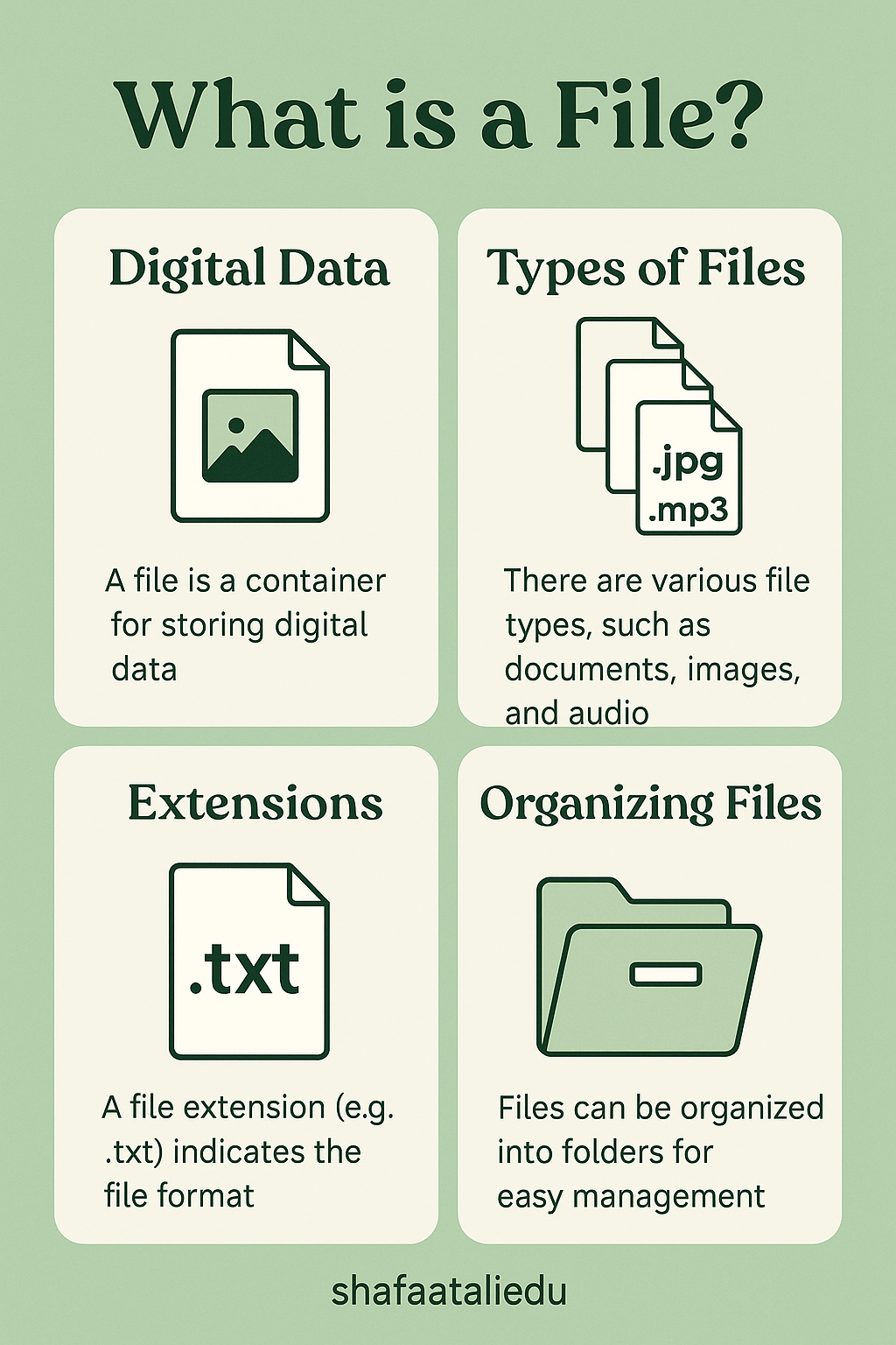 Infographic explaining what a file is, including its role in storing digital data, file types, extensions, and file organization.