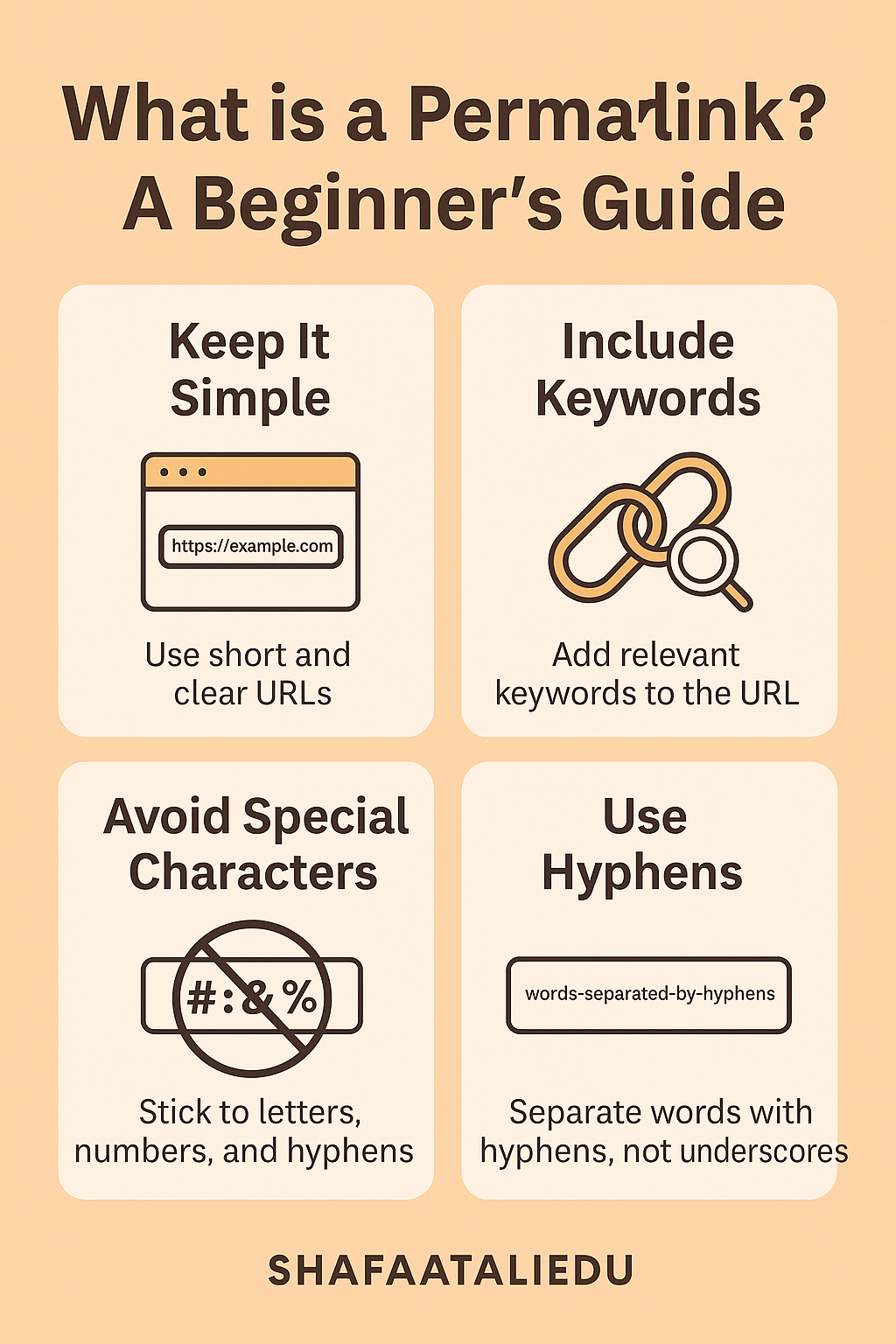 Infographic explaining permalink best practices for beginners, including keeping URLs simple, using keywords, avoiding special characters, and using hyphens.