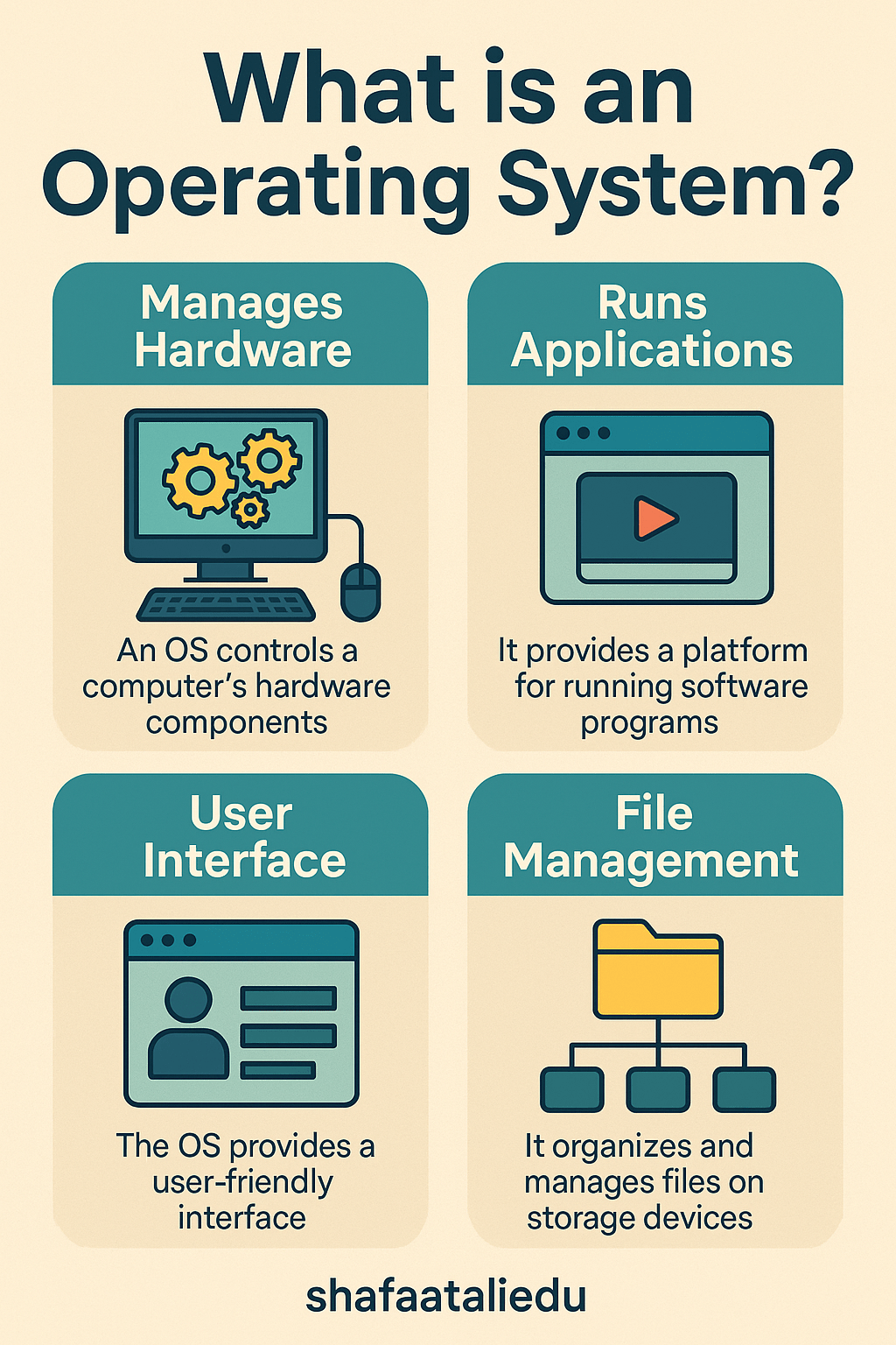 Infographic explaining what an operating system is, including its roles in managing hardware, running applications, providing a user interface, and handling file management.