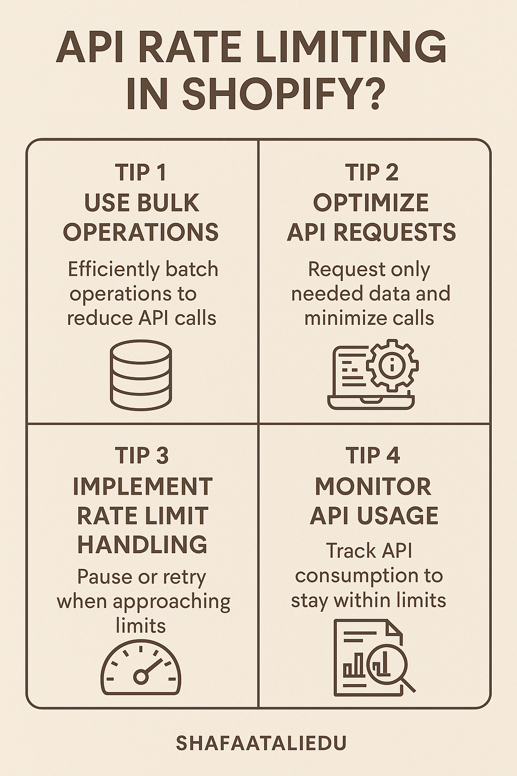 Infographic with four tips for managing API rate limiting in Shopify, including using bulk operations, optimizing requests, handling rate limits, and monitoring usage.