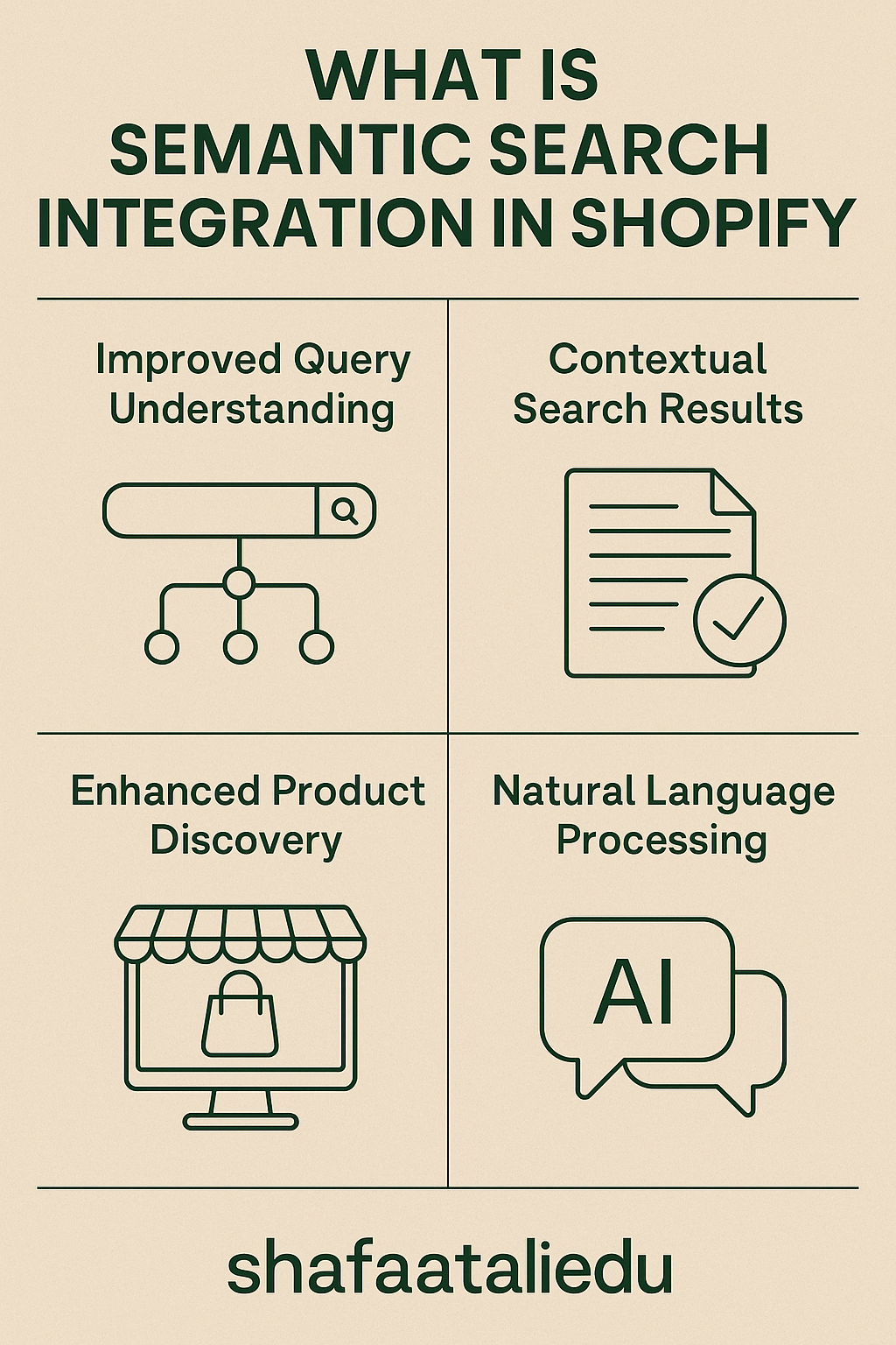 Infographic explaining semantic search integration in Shopify, highlighting query understanding, contextual results, product discovery, and natural language processing.