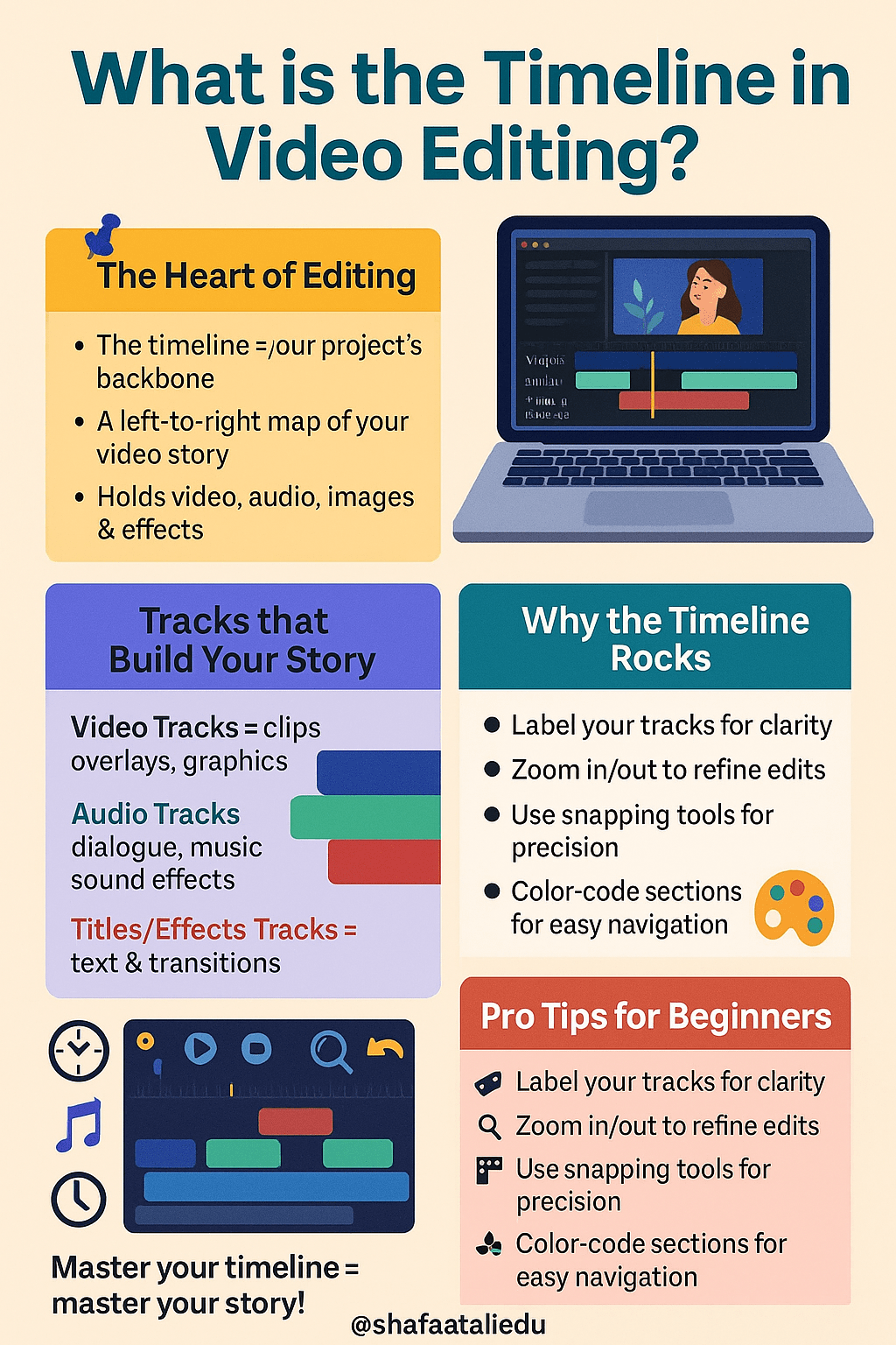Infographic explaining the timeline in video editing, covering video, audio, and effects tracks, plus tips like labeling, zooming, snapping tools, and color-coding for better editing.