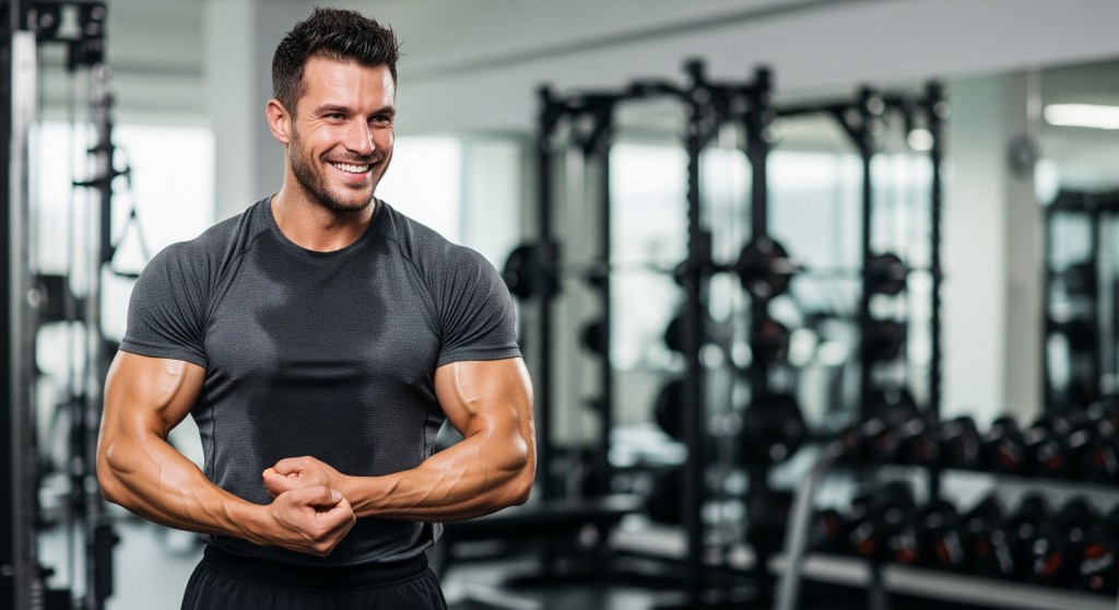 A fit, muscular man with short dark hair, wearing a sweaty grey athletic shirt, smiles confidently while flexing his biceps in a modern gym with weights and equipment visible in the background.
