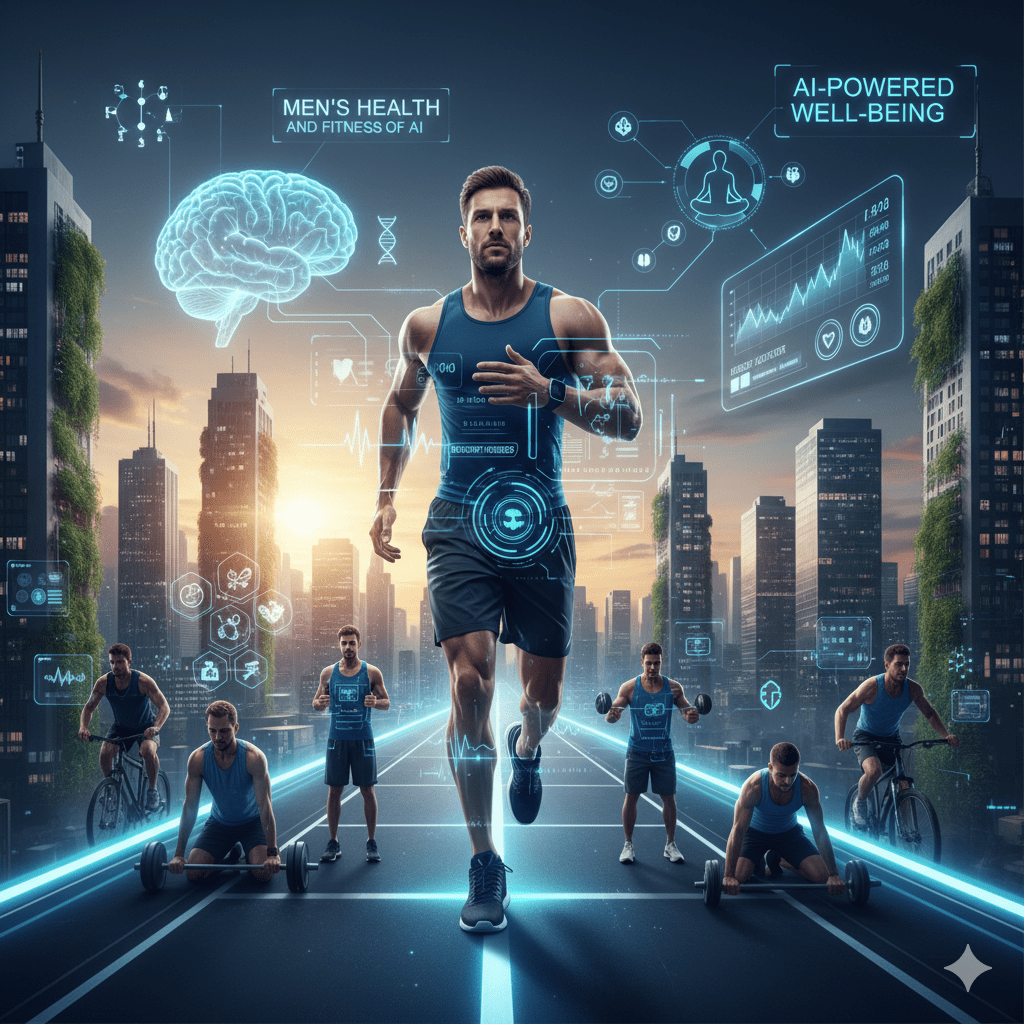 A man running in the center of a futuristic city street, surrounded by holographic, blue AI interfaces displaying fitness data, a brain, a heartbeat, and exercise icons. Smaller versions of the man are seen cycling and lifting weights in the background. The text overlay reads "MEN'S HEALTH AND FITNESS OF AI" and "AI-POWERED WELL-BEING."