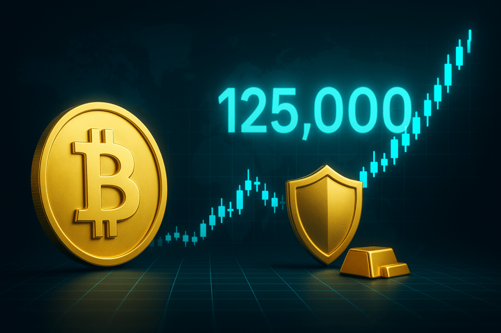 Bitcoin price surge to $125,000 with gold and security shield icons on digital chart background.