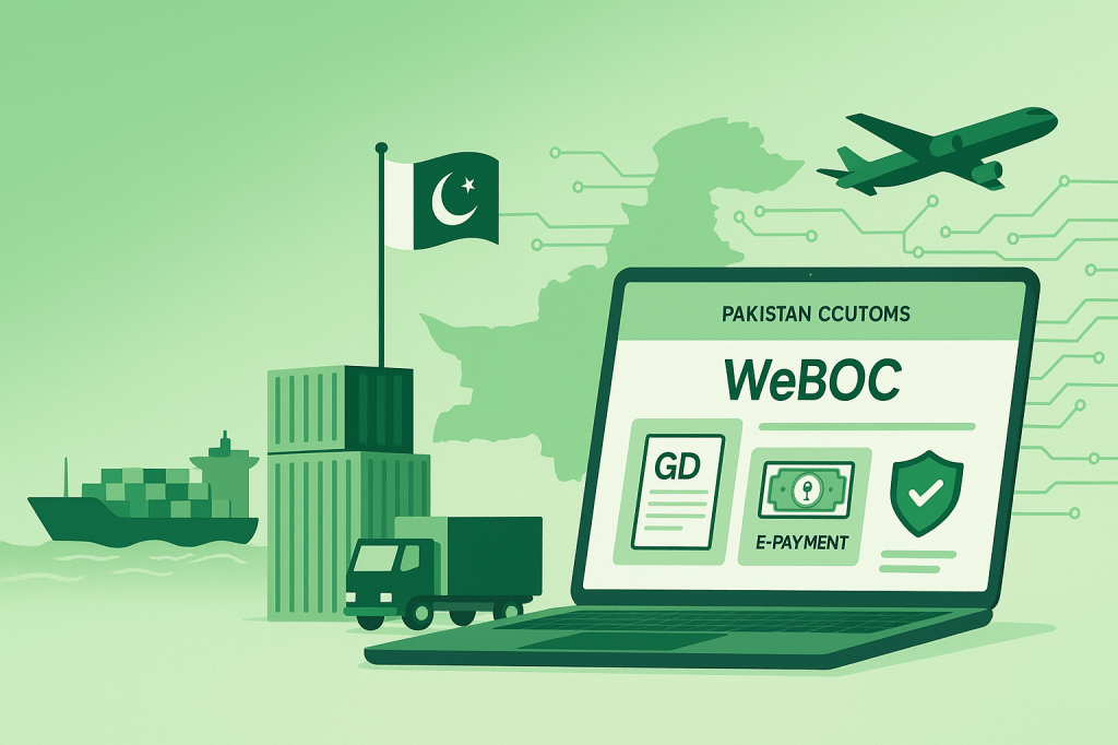 Illustration of Pakistan Customs' WeBOC digital system with icons representing goods declaration, e-payment, and security, alongside transport modes like ship, truck, and airplane.