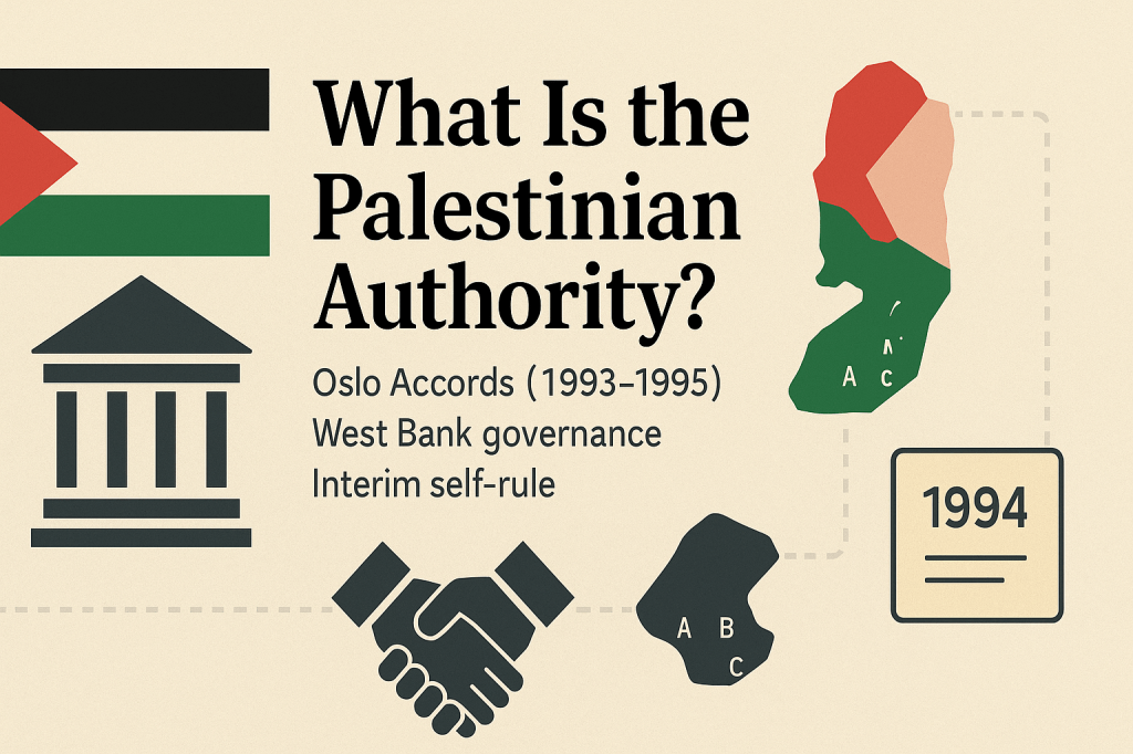 Infographic explaining the Palestinian Authority, including references to the Oslo Accords (1993–1995), West Bank governance, and interim self-rule, with maps, handshake icon, and the year 1994.