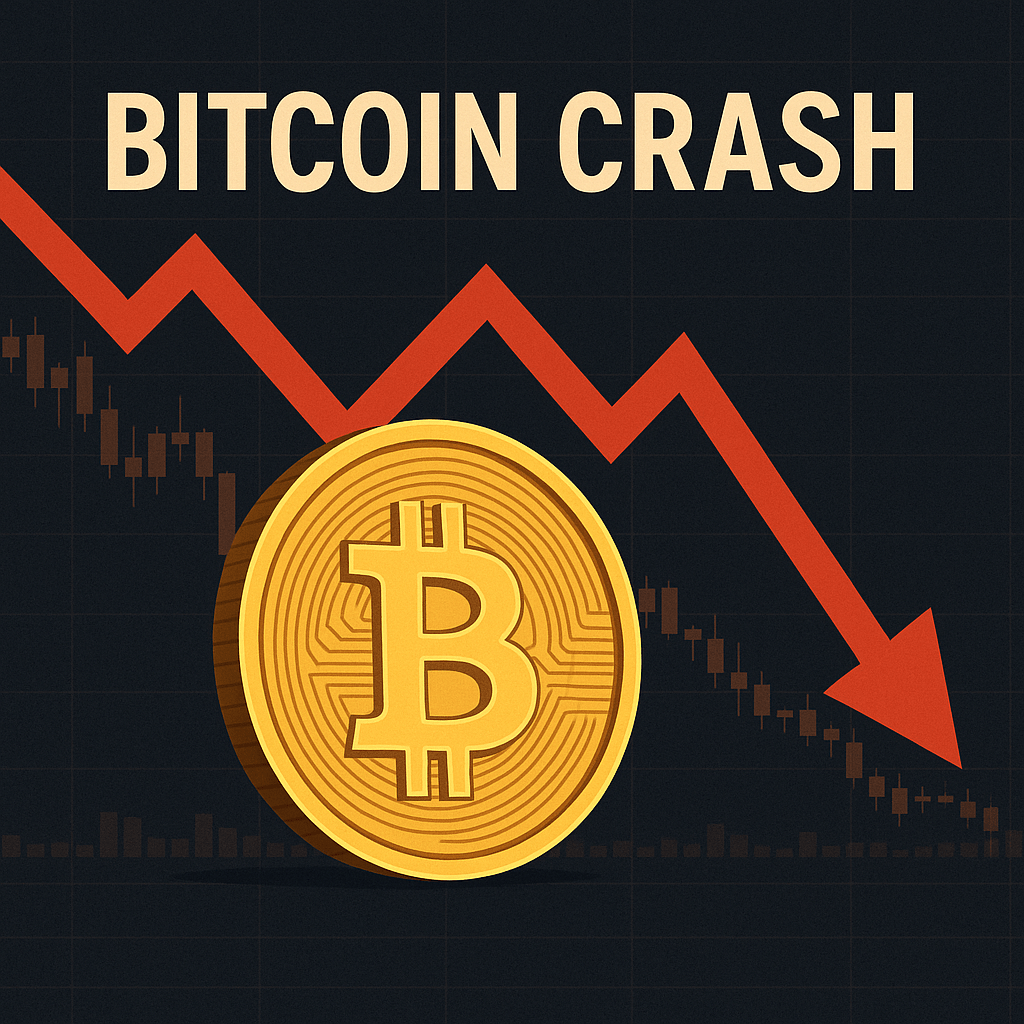 Bitcoin crash graphic showing a red downward trend line and a large gold Bitcoin symbol