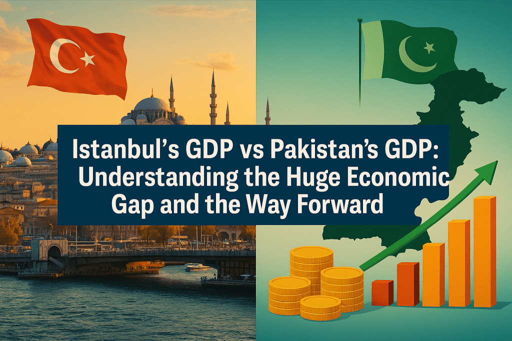 Comparative image showing Istanbul’s skyline with the Turkish flag and a map of Pakistan with its flag, illustrating the economic comparison between Istanbul’s GDP and Pakistan’s GDP with coins and a growth chart.