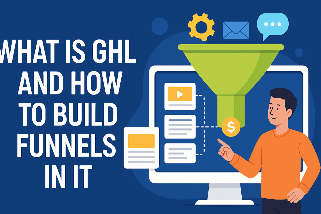 Illustration explaining what GHL is and how to build funnels, featuring a man pointing at a funnel diagram on a computer screen