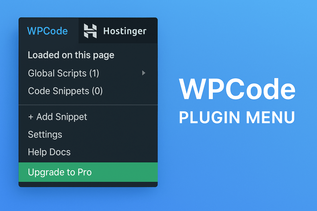 WPCode plugin menu in WordPress showing options for global scripts, code snippets, settings, help docs, and upgrade to Pro.