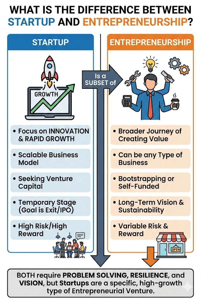 Infographic comparing startup and entrepreneurship, showing startups as a subset of entrepreneurship focused on innovation, rapid growth, scalability, venture capital, and high risk, while entrepreneurship emphasizes long-term value creation, sustainability, and diverse business models.