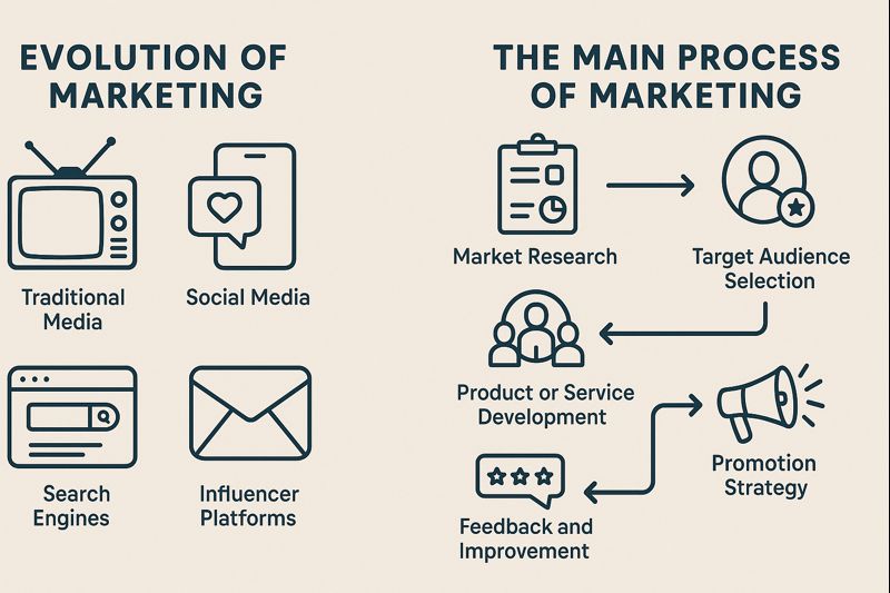 “Infographic showing the evolution of marketing—from traditional media to social media, search engines, and influencer platforms—alongside the main marketing process including research, target audience selection, development, promotion, and feedback.”
