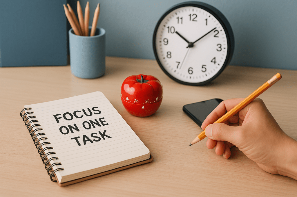 Work desk with a notebook reading “Focus on One Task,” a tomato-shaped timer, pencils in a cup, a clock, and a hand holding a pencil.