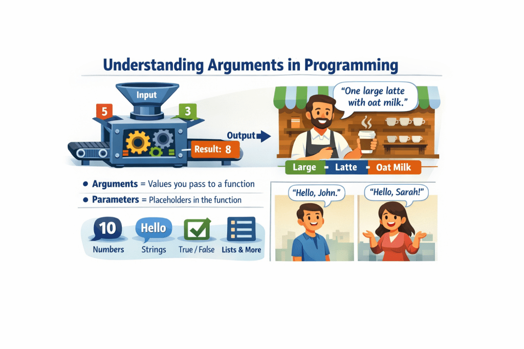 Illustration explaining arguments in programming using a machine input-output diagram and a coffee order example with function arguments and parameters.