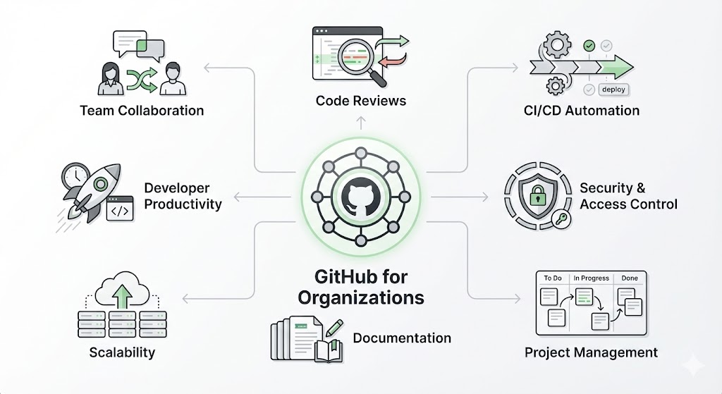 GitHub for Organizations diagram showing team collaboration, code reviews, CI/CD automation, security and access control, project management, documentation, scalability, and developer productivity.