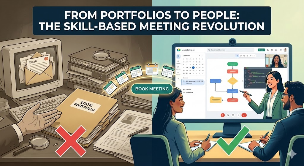 Illustration comparing static portfolios with skill-based meetings, showing outdated paperwork on one side and a modern online meeting with live collaboration on the other.