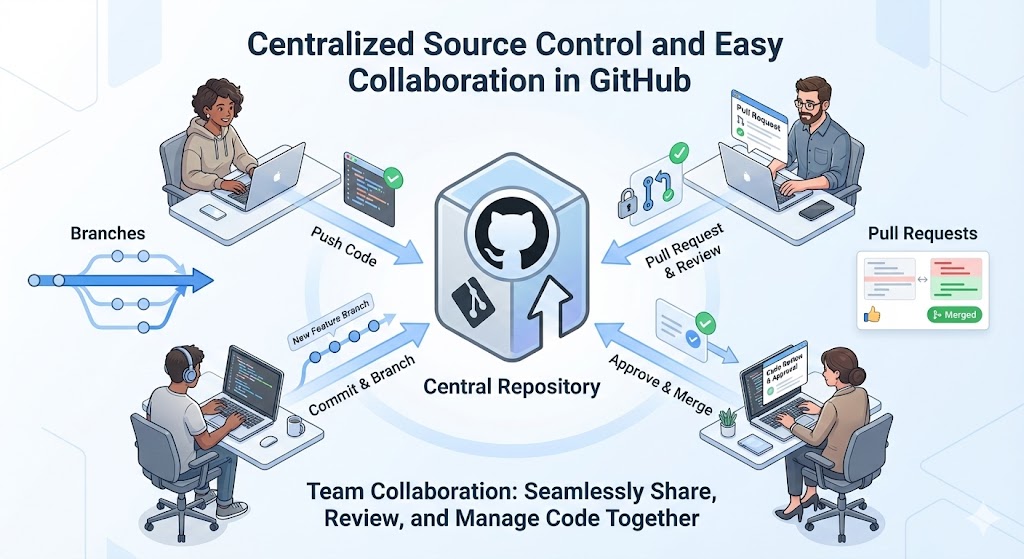 Diagram illustrating centralized source control and team collaboration in GitHub, showing branches, commits, push code, pull requests, reviews, approvals, and merges around a central repository.