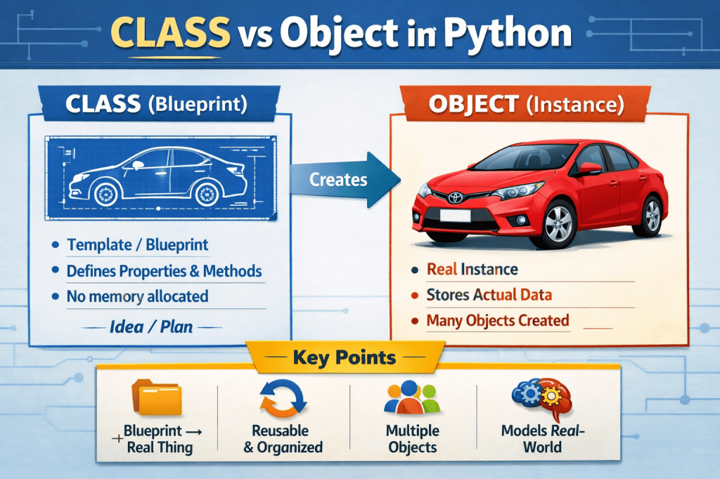 Class vs Object in Python diagram showing a car blueprint as a class and a red car as an object instance.