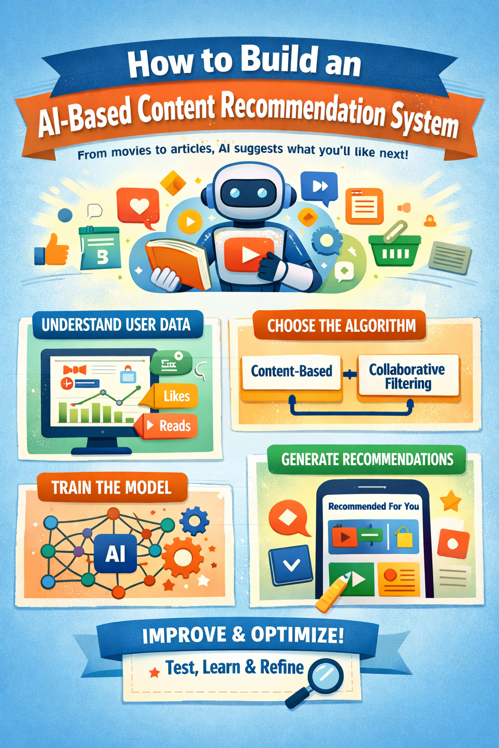 Illustration showing how to build an AI-based content recommendation system, including user data analysis, algorithm selection, model training, and recommendation generation.