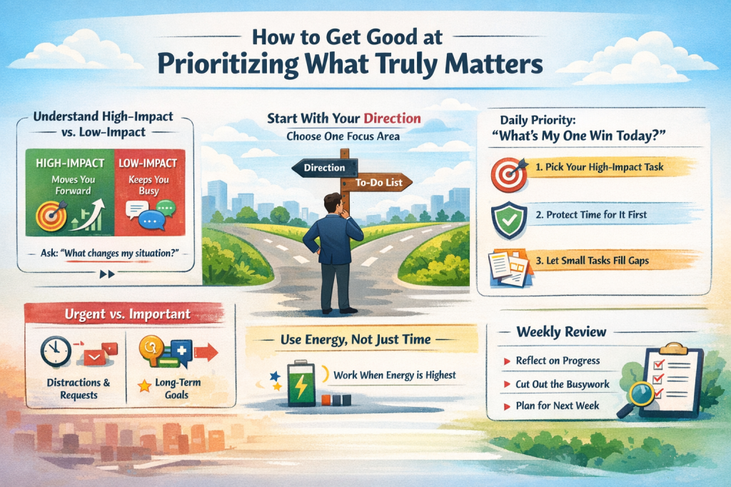Infographic showing how to prioritize what matters using high-impact tasks, daily focus, energy management, and weekly review.