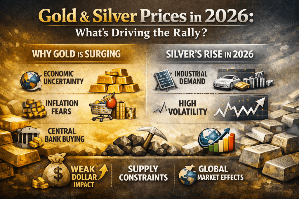 Infographic explaining gold and silver price increases in 2026, highlighting economic uncertainty, inflation fears, central bank buying, industrial demand, and market volatility.