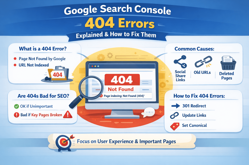 Google Search Console infographic explaining 404 errors, their causes, SEO impact, and how to fix not found pages.