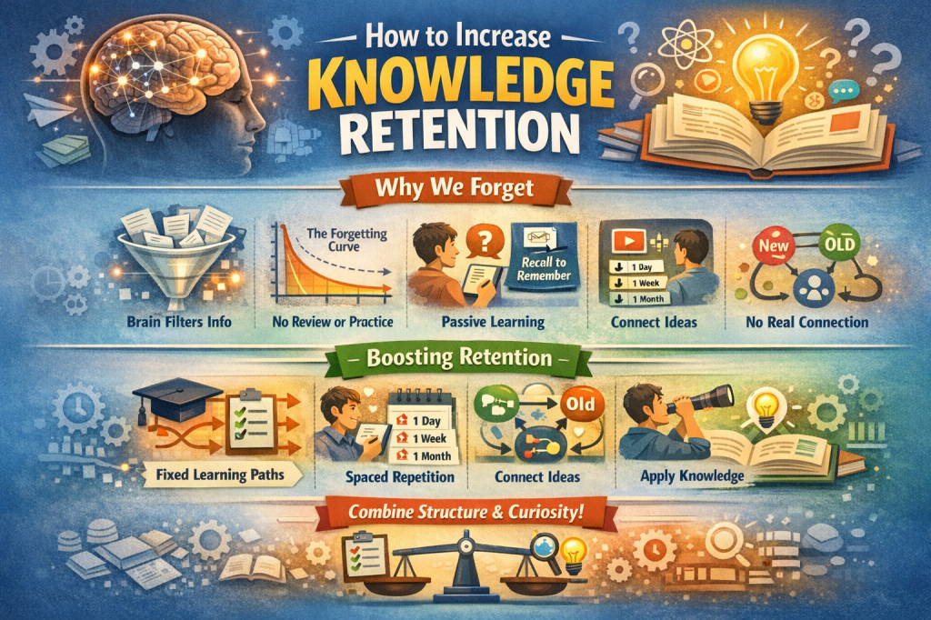 Infographic showing how to increase knowledge retention, explaining why we forget and strategies like spaced repetition, connecting ideas, and applying knowledge.