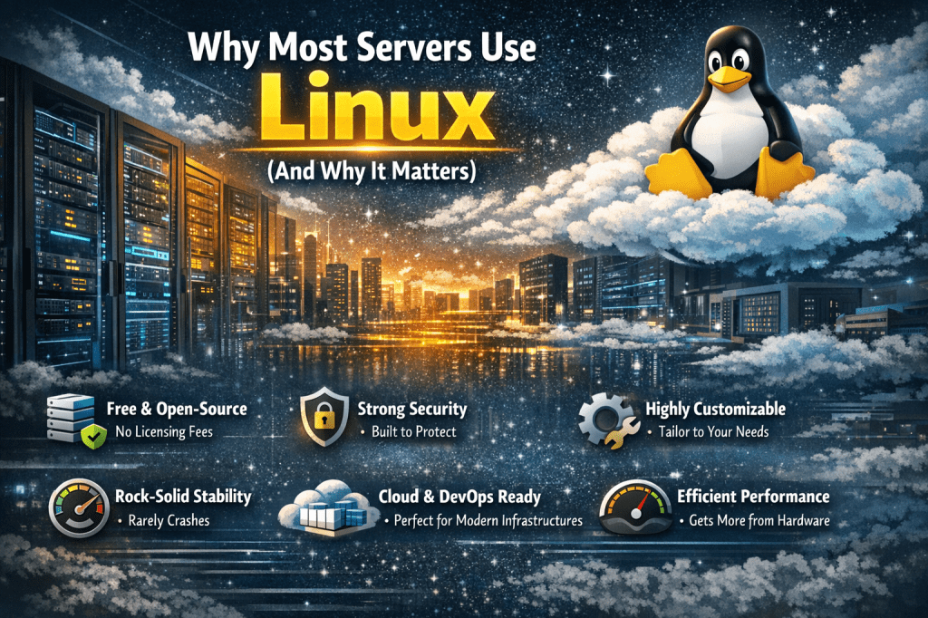 Illustration showing Linux servers in a data center with the Linux penguin mascot in the cloud, explaining why most servers use Linux for security, stability, and performance.