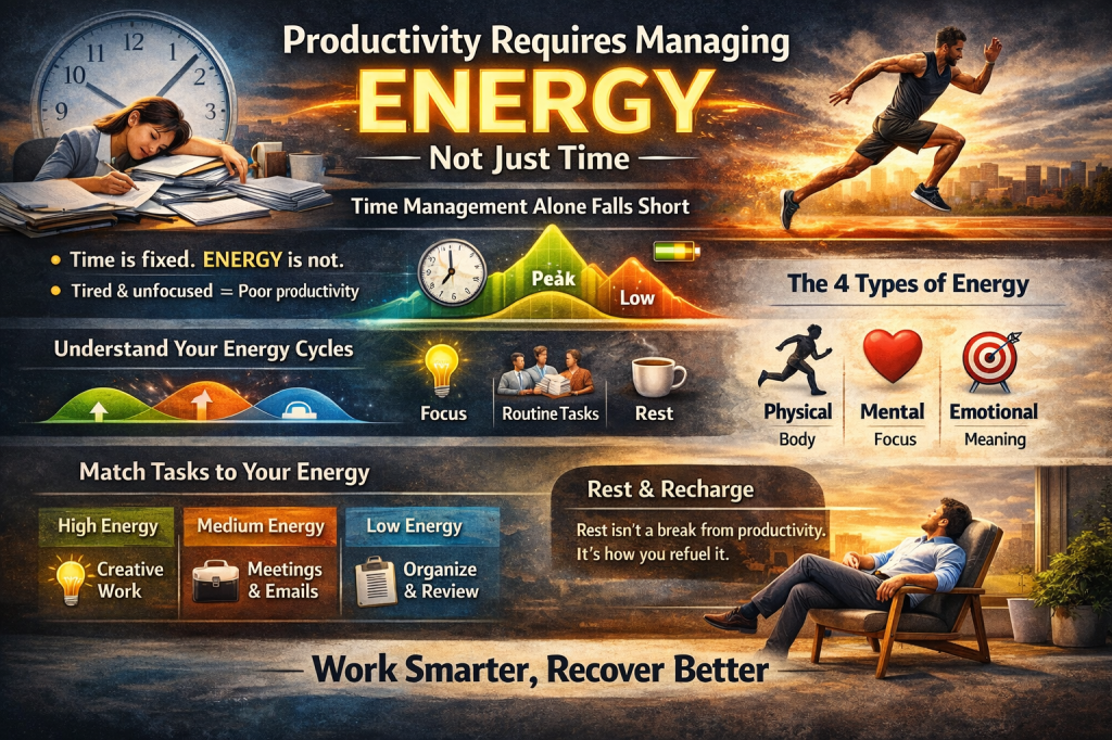 Infographic illustrating productivity through energy management, showing energy cycles, task matching, physical, mental, and emotional energy, with visuals of work, exercise, focus, and rest.