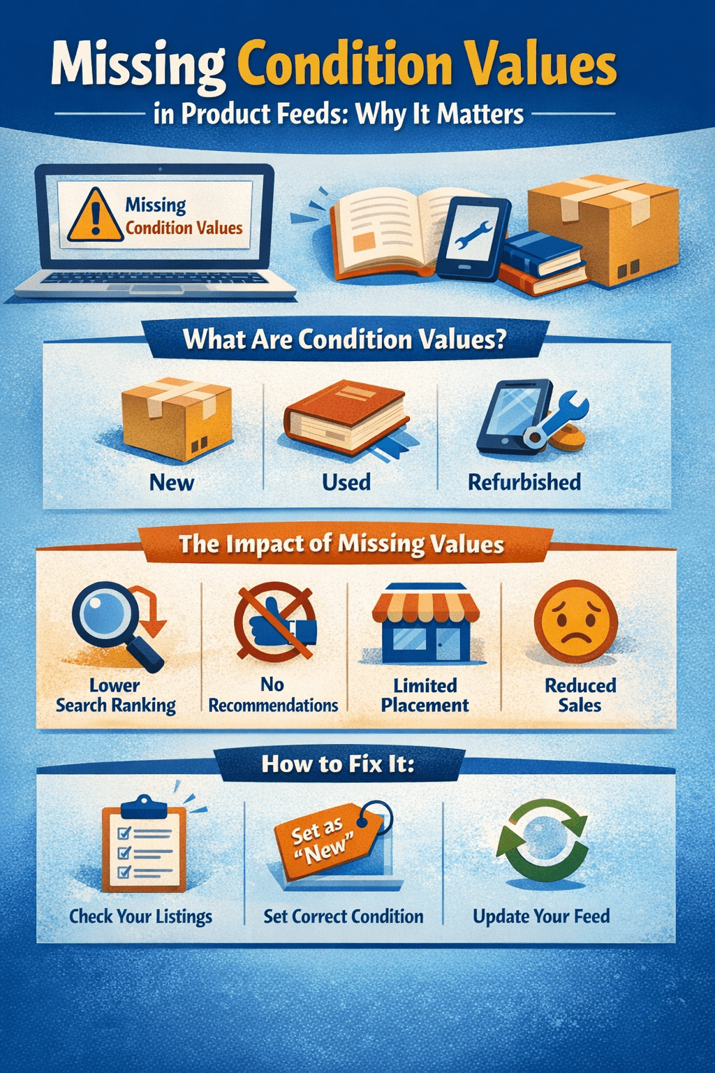 Infographic explaining missing condition values in product feeds, showing new, used, and refurbished conditions and how missing values reduce search ranking, recommendations, and sales.