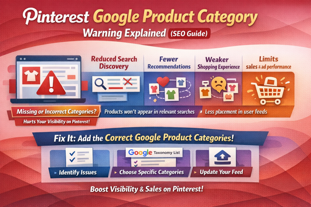 Pinterest Google product category warning explained with icons showing reduced search discovery, fewer recommendations, weaker shopping experience, and limited sales performance.