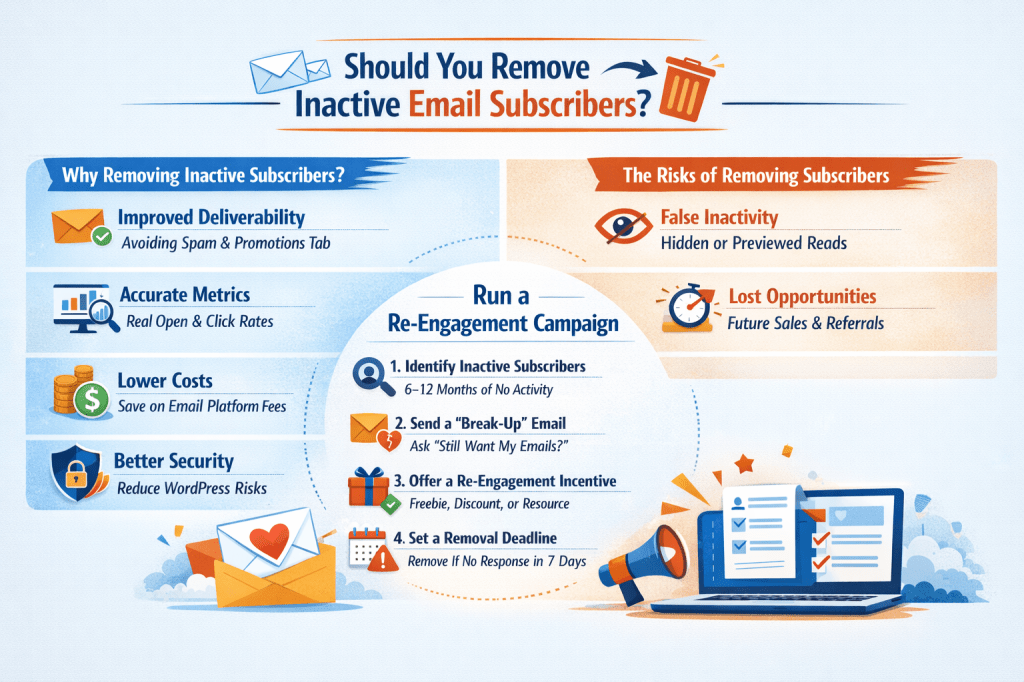 Infographic explaining whether to remove inactive email subscribers, showing benefits like improved deliverability and lower costs, risks such as lost opportunities, and steps for running a re-engagement email campaign.