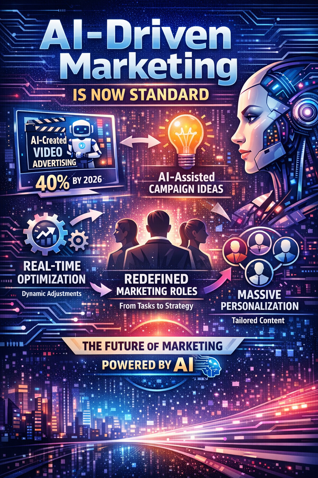 AI-driven marketing infographic showing artificial intelligence powering personalized campaigns, real-time optimization, AI-created video advertising, and the future of digital marketing.