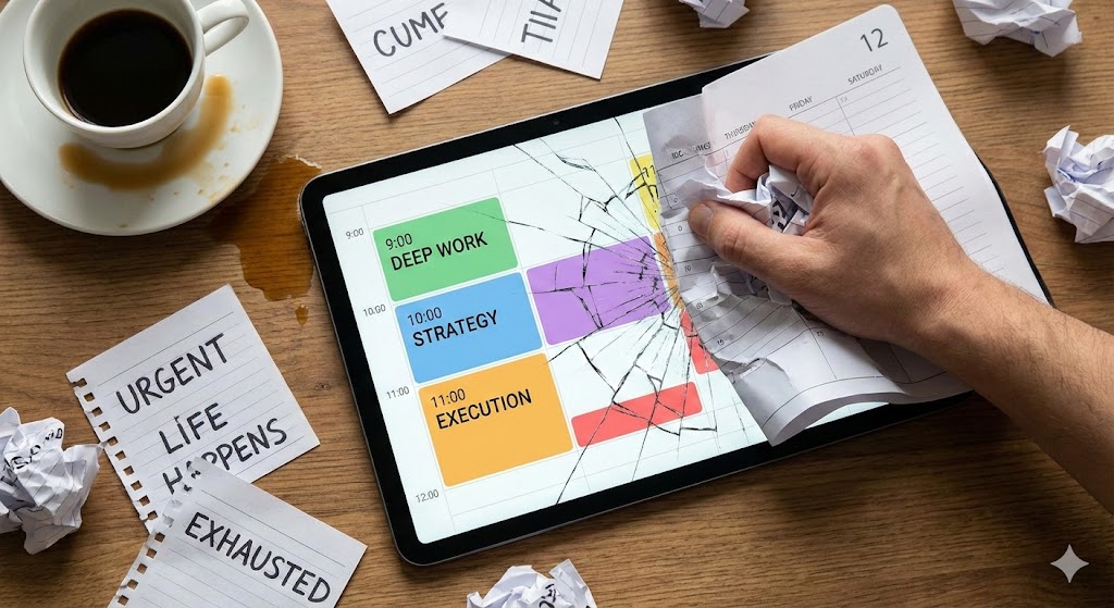 Hand crushing a crumpled paper over a cracked tablet displaying a time-blocked work schedule, symbolizing burnout and productivity stress.