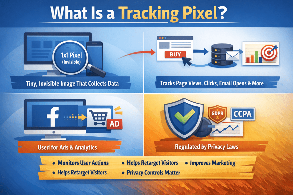 Infographic explaining what a tracking pixel is, showing data collection, ad tracking, analytics use, and privacy regulations.