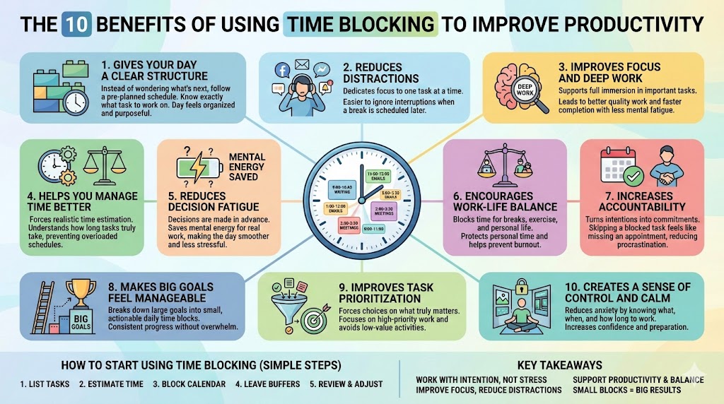 Infographic showing the 10 benefits of time blocking to improve productivity, focus, task prioritization, work-life balance, and mental clarity.