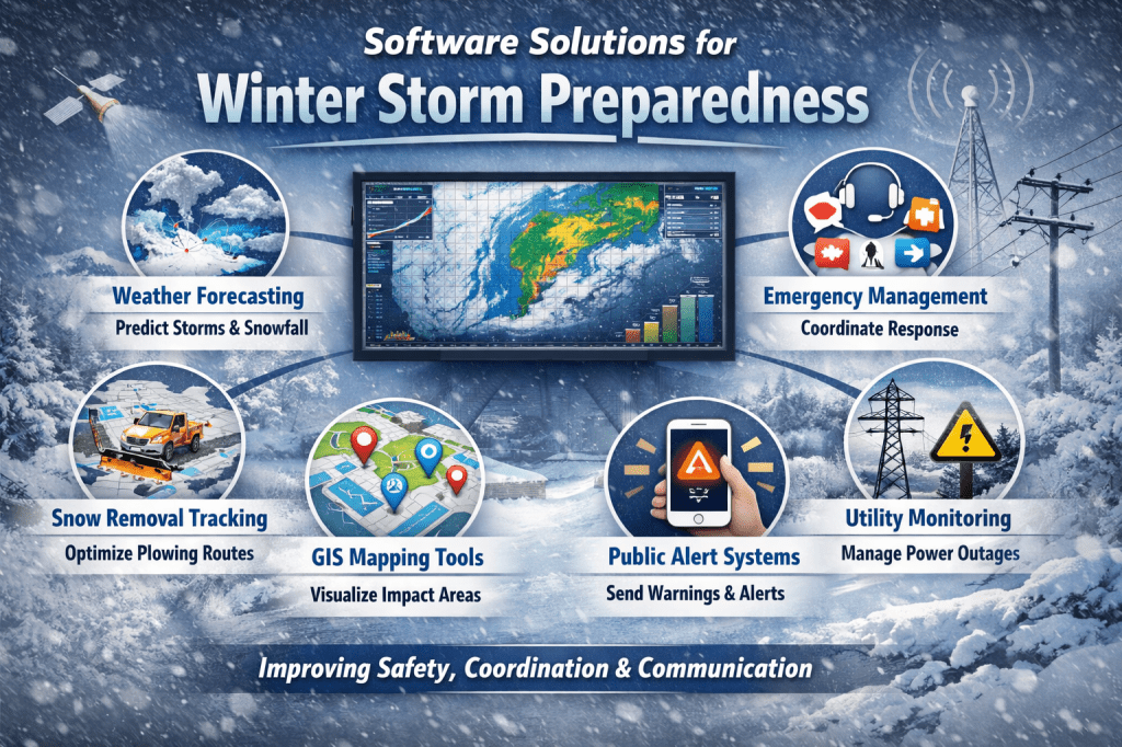 Software solutions dashboard for winter storm preparedness showing weather forecasting, emergency management, snow removal tracking, GIS mapping, public alerts, and utility monitoring.