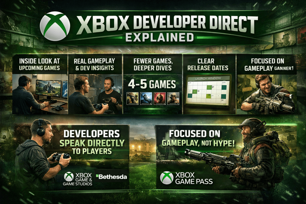 Xbox Developer Direct explained graphic highlighting gameplay-focused showcases, developer insights, and clear release dates for upcoming Xbox and Bethesda games.